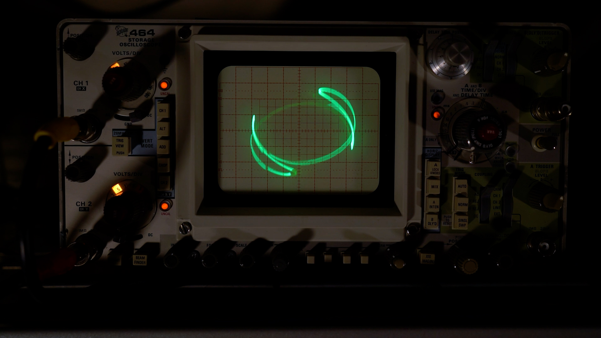 Closeup of an oscilloscope visualizing a circular waveform.