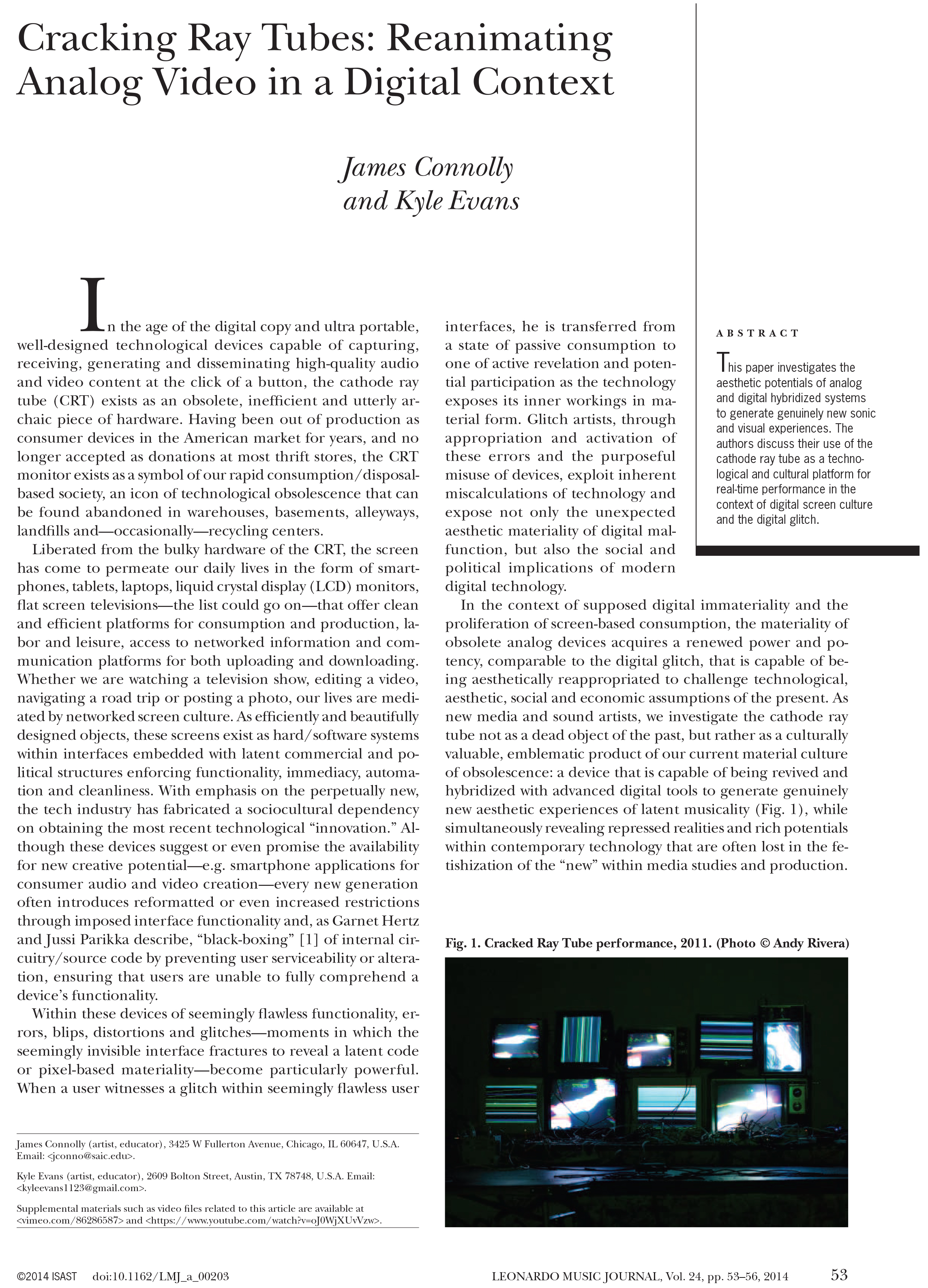 First page of 'Cracking Ray Tubes: Reanimating Analog Video in a Digital Conext' essay. See PDF above for text.