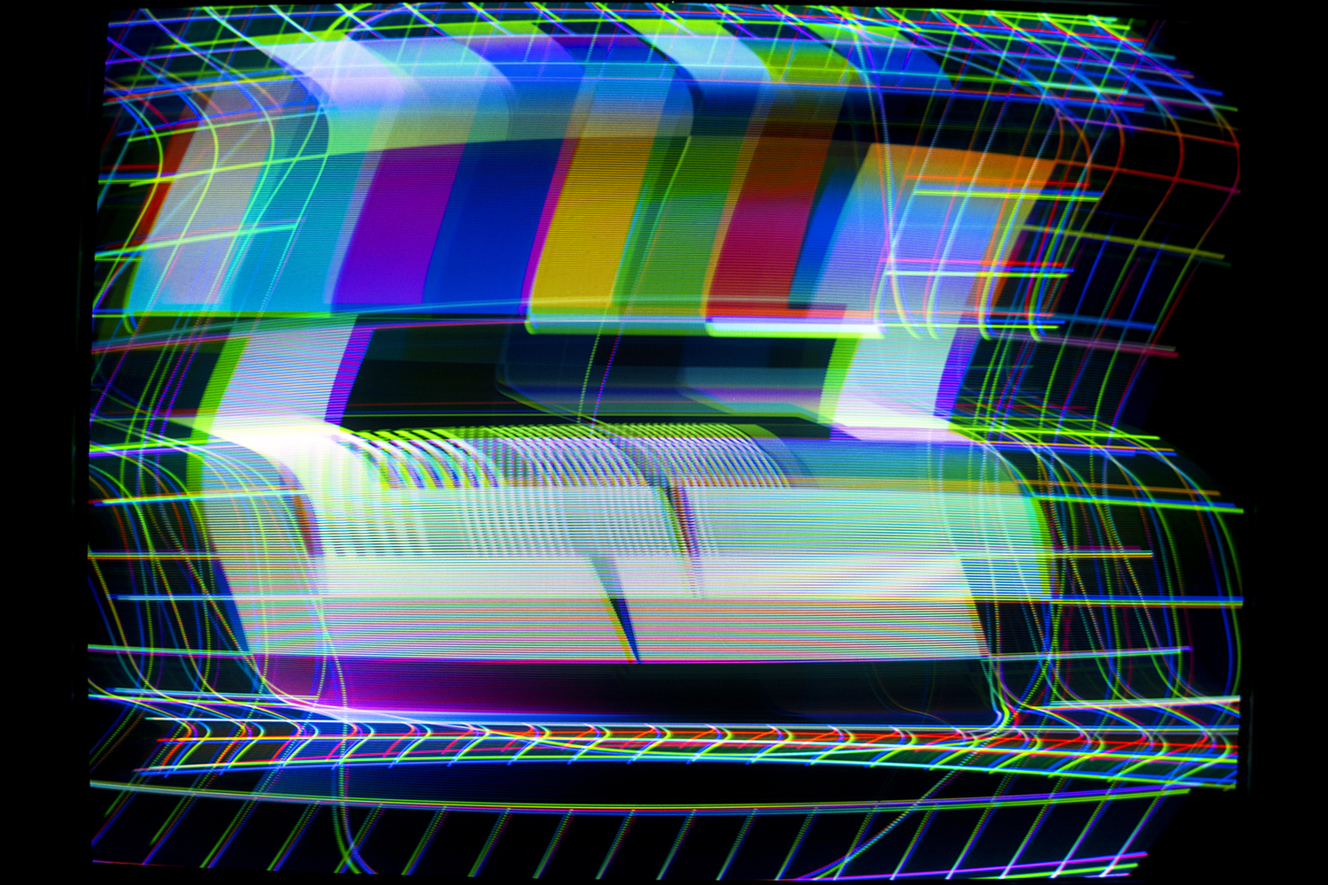 Photo of a Telefunken FuBK Test Card heavily manipulated electromagnetically through the CRT Flux Phaser.