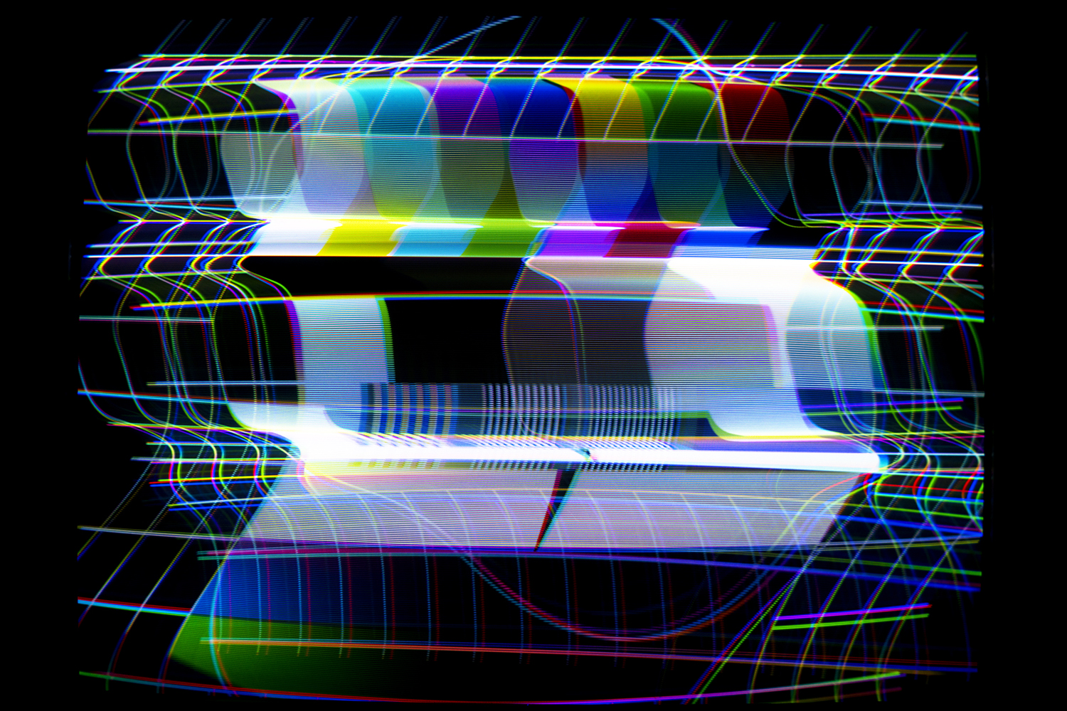 Photo of the Telefunken FuBK Test Card heavily manipulated electromagnetically through the CRT Flux Phaser.