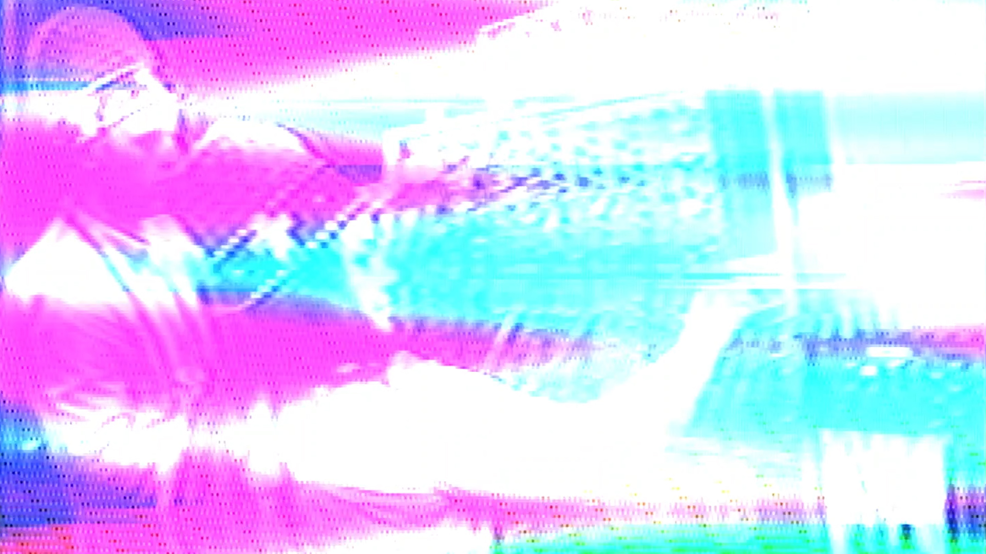 Video synthesis imagery showing interlocking white, cyan, and magenta zigzagging colors with a James Connolly and Moniza Panzarino discernable in the beneath.