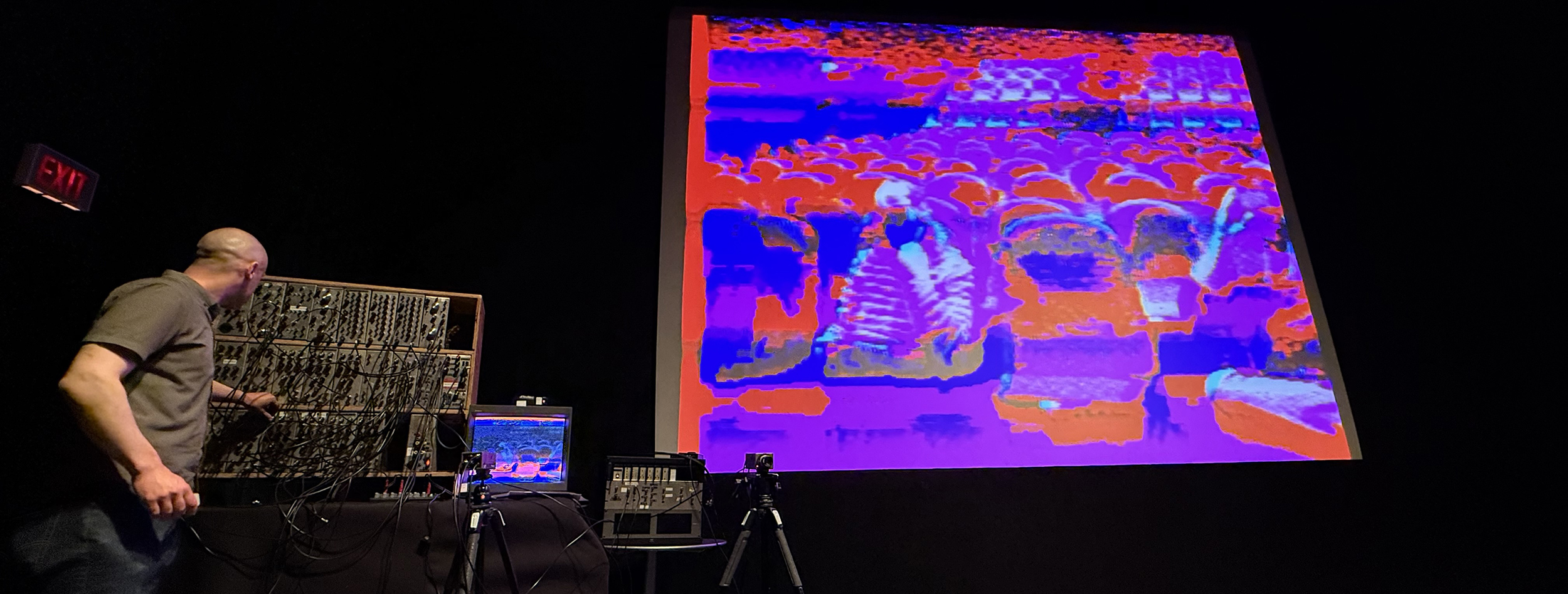 James Connolly on stage at the Gene Siskel Film Center with the Sandin Image Processor projecting a colorful live feed of the theater's seats on screen.