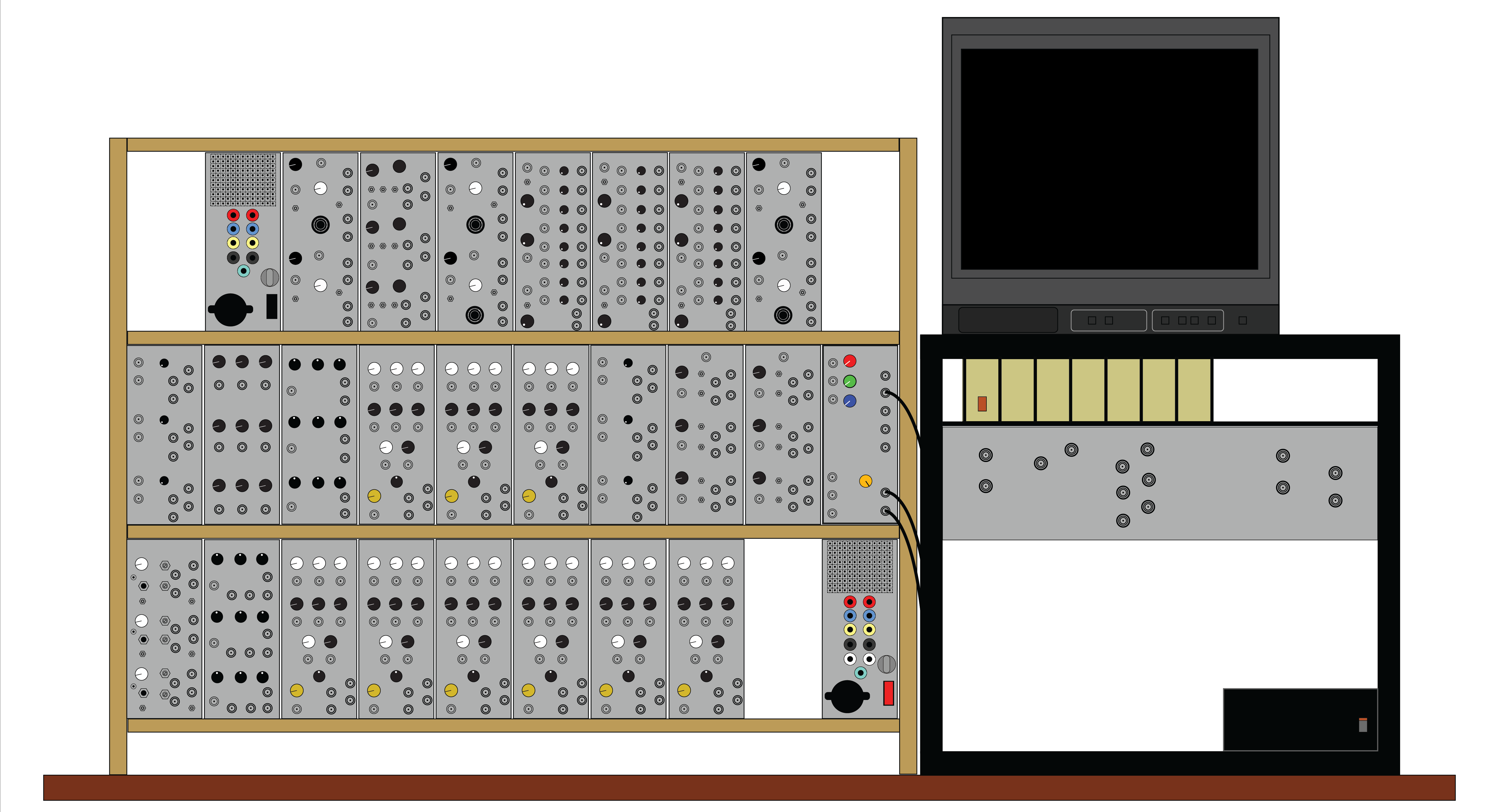 Diagram of the Sandin Image Processor with several modules containing knobs and jacks next to a television.