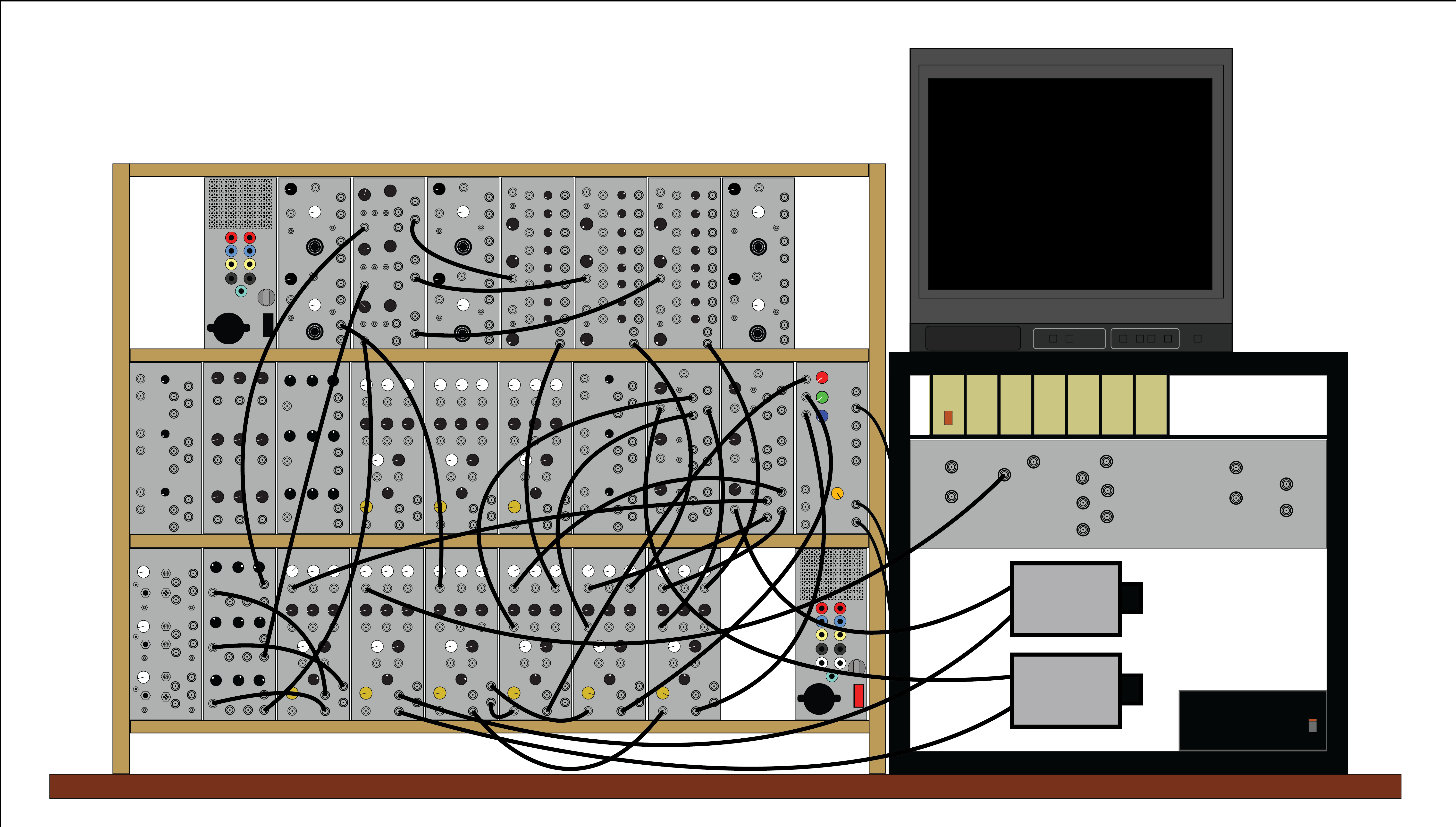 Diagram of the Sandin Image Processor with several modules containing knobs and jacks next to a television. Wires are added, showing the user how to patch cables with two cameras going in and creating a highly processed signal.